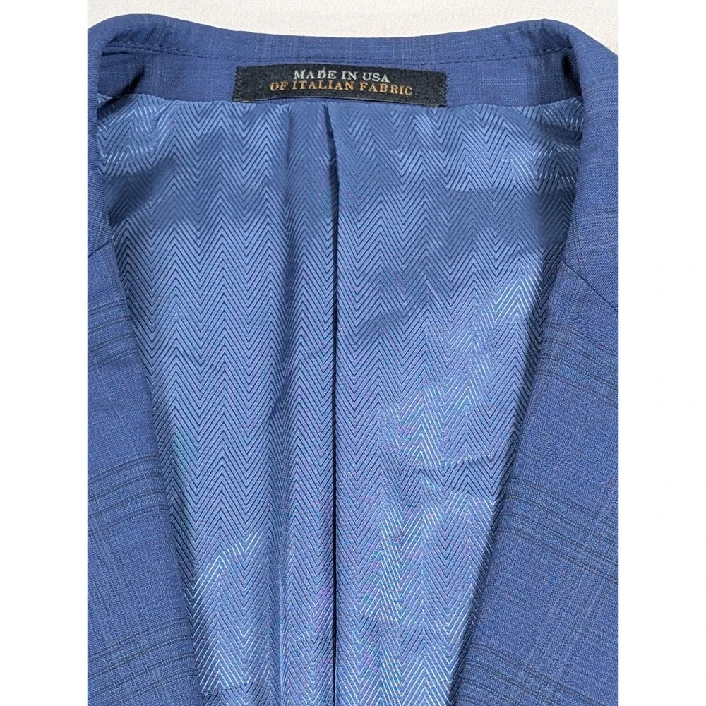JoS A Bank Reserve Suit Mens 44R Blue Windowpane Glen Plaid Wool Italian Fabric